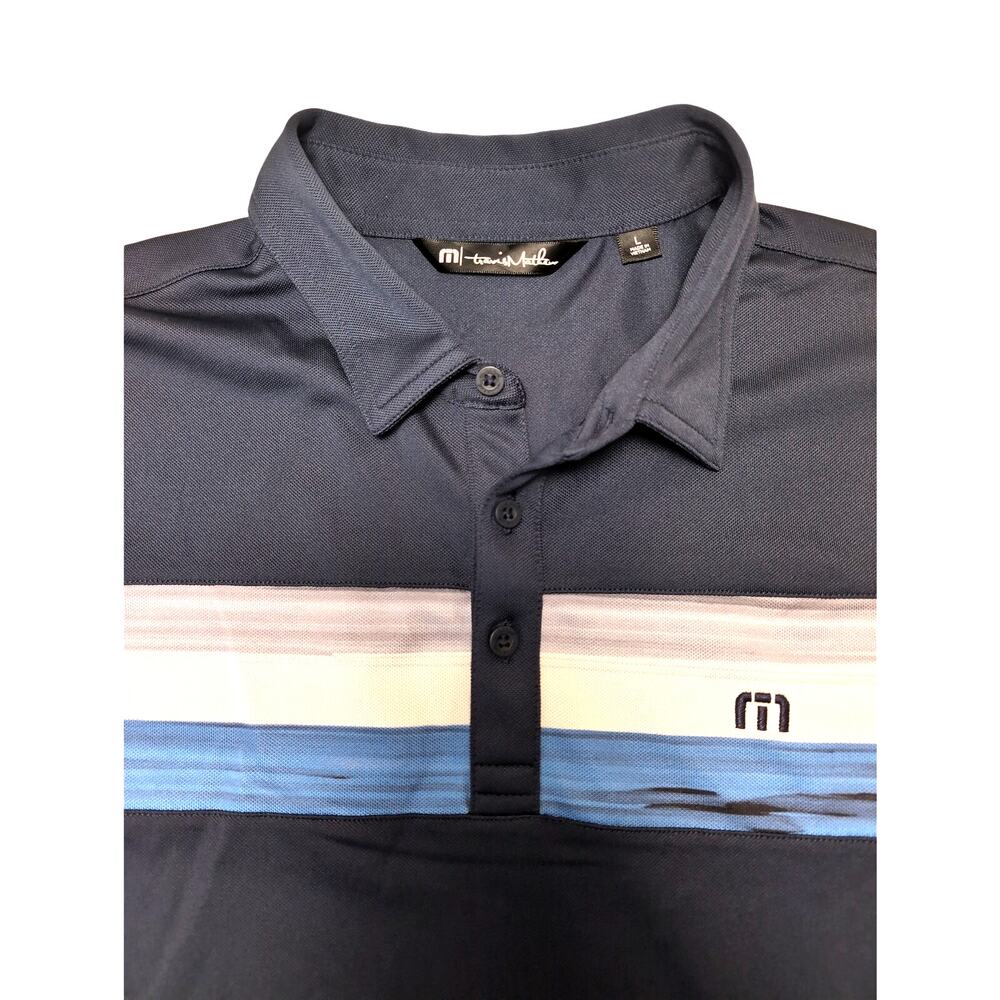 Travis Mathew Cabana Stripe Navy Blue Performance Golf Polo Shirt Size Large‎